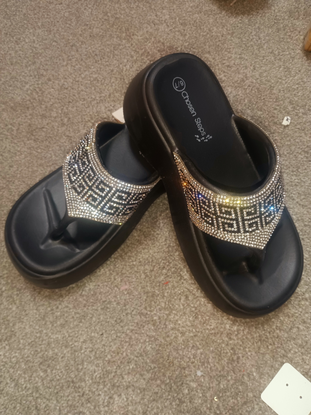 Black Rhinestone Embellished Platform Thong Sandals